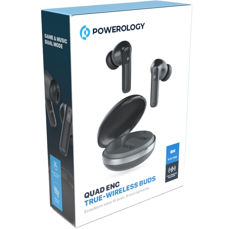Powerology TWS Earbuds with Quad Mic ENC, 6h Playtime, Bluetooth 5.3, 30minutes Charging Time, 10m Transmission Distance, Type-C Port, Smart Touch Control, Wireless Charging - Black