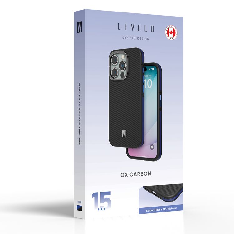 جراب Levelo Ox Carbon لهاتف iPhone 15 Pro، متوافق مع MagSafe، زوايا معززة مع واقي هواء، حواف مقاومة للصدمات، مقاومة للخدش 3H، إطار كاميرا مرتفع - أزرق