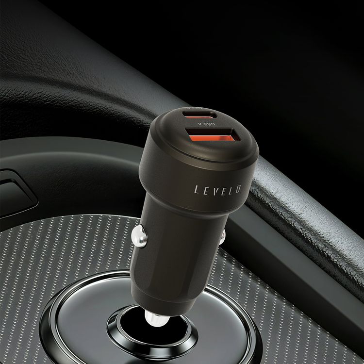 Levelo Nori Mini 60W Car Charger with  USB-C to USB-C Cable, USB-C & USB-A Ports, Fast Charging, 60W Power Delivery, 12-24V Input Power, Durable Material - Gun Gray