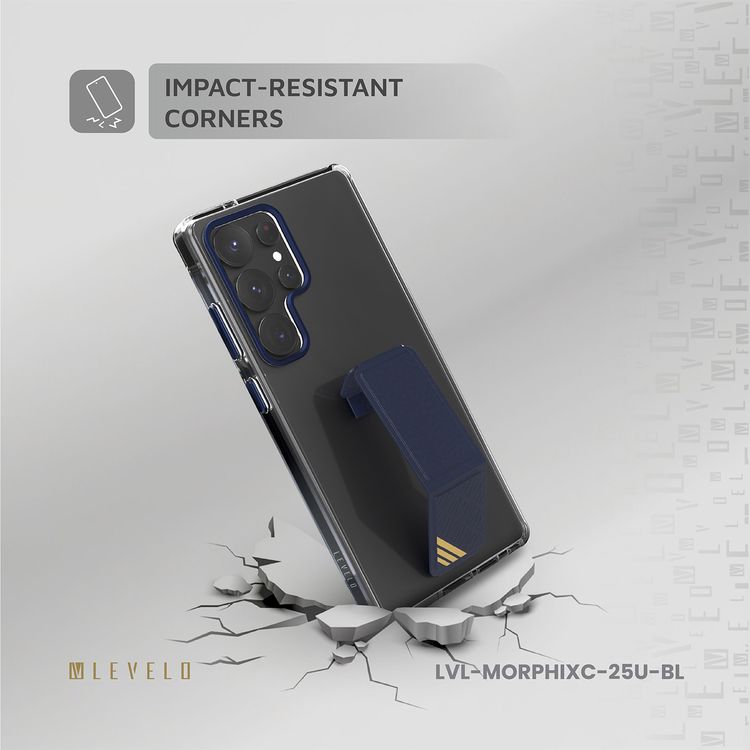 غلاف Levelo Morphix Clara بمقبض جلد مدمج لهاتف Samsung Galaxy S25 Ultra، مصنوع من مادة TPU، زوايا مقاومة للصدمات، حلقة كاميرا معدنية، مادة هجينة - أزرق