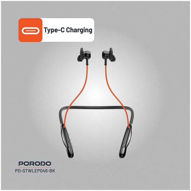 Porodo Echo Flex Magnetic Buds with Hall-Switch Technology, ENC, Crystal Clear Audio, High-Clarity Microphone, Patented Design - Black