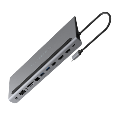 Powerology USB-C Hub 11 in 1 Multi-Port Adapter with Laptop Stand 100W PD Fast Charge, Aluminum Body with HDMI 4K Ultra HD, 3.5mm Aux Port Compatible for MacBook Pro/Air - Grey