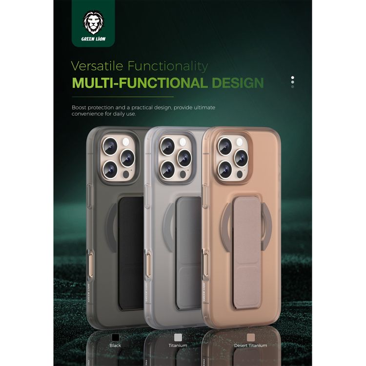 Green Lion Grip 360 MagSafe Case for iPhone 16 Pro Max with Leather Grip Strap, Camera Protection, Multi Functional Design, Scratch Resistant, Foldable Stand - Desert Titanium 