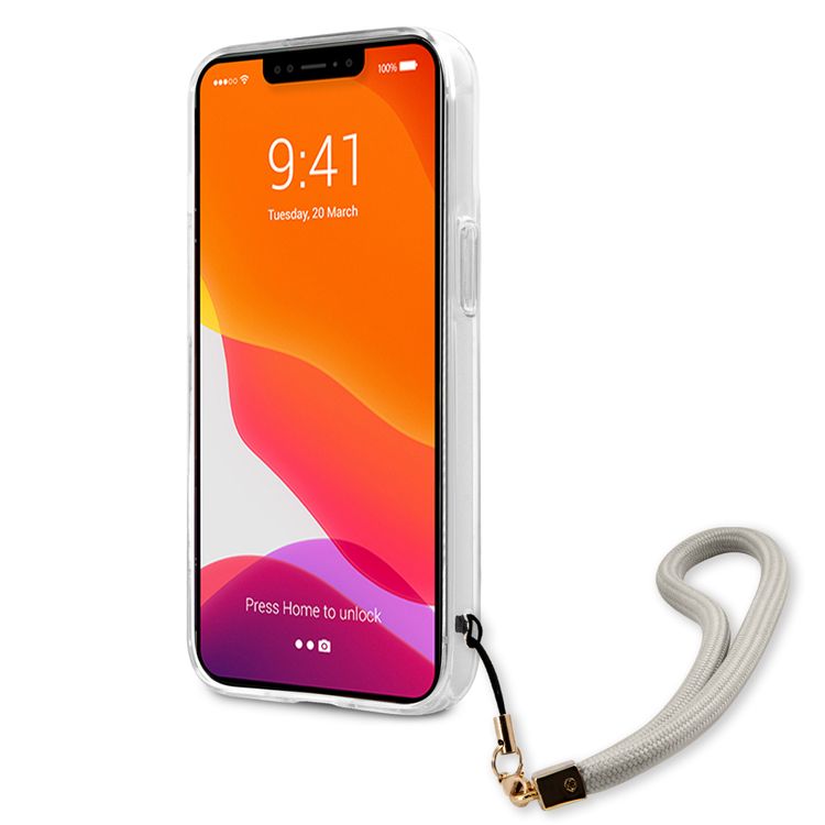 CG MOBILE Guess PC/TPU Case Marble Design & Stripe with Nylon Strap Compatible for iPhone 13 Pro Max (6.7") Back Cover Suitable with Wireless Charging Officially Licensed - Gray