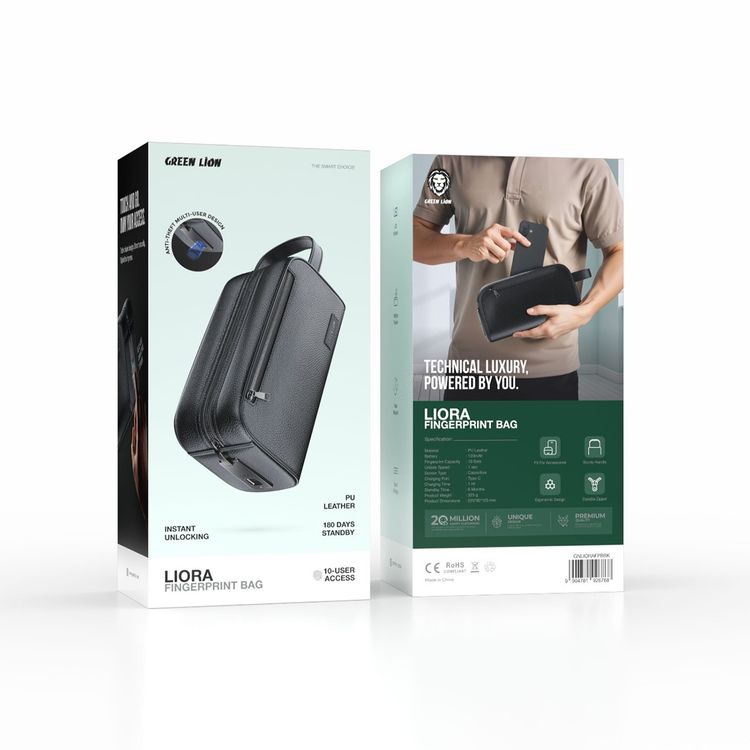 Green Lion Liora Fingerprint Bag with Leather Strip & LED Indicator, 120mAh Battery Capacity, 10 Fingerprint Capacity, Water Resistant, 6 Months Standby Time, Multiple Pockets, Capacitive Sensor, Durable Zippers - Black