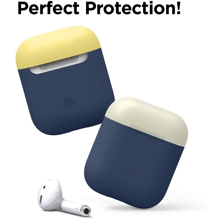 Elago Duo Silicone Case with Apple AirPods Case 1 & 2, Supports Wireless Chargers, Drop Resistant, Dustproof and Absorbing Protective Cover Body Jean Indigo / Top-Classic White, Yellow
