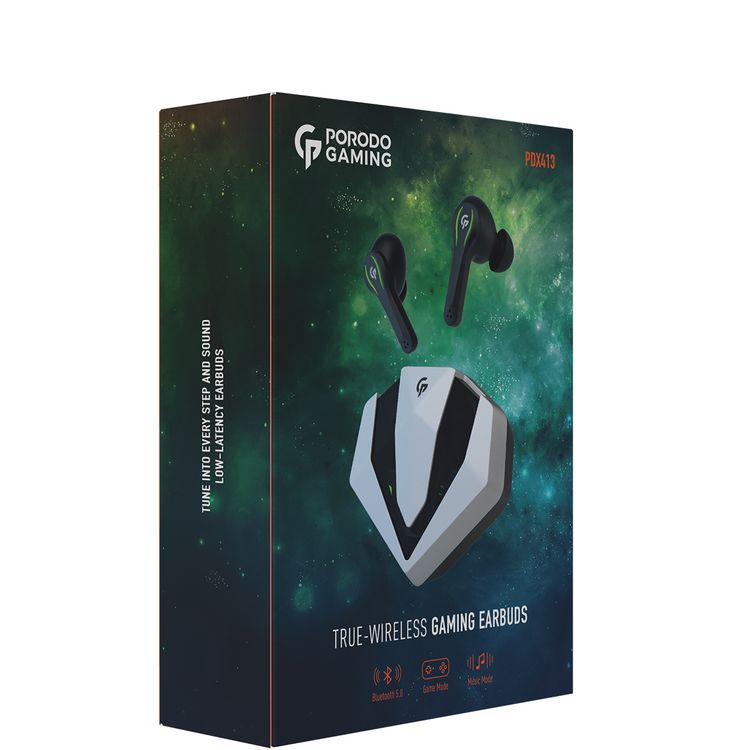 Porodo True Wireless Gaming Earbuds with Touch Control, Music and Game Mode, IPX5 Water Resistant Rate, Dual Microphone Crisp Sound, 1 Hour Charging Time, 5 Hours Playtime - Silver