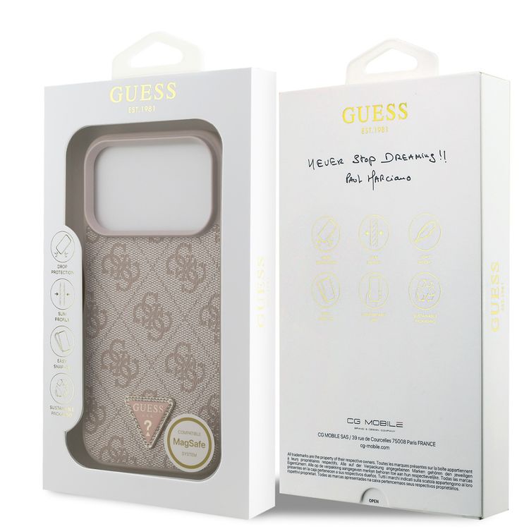 Guess MagSafe 4G PU Leather Case with Triangle Logo for iPhone 17 Pro, Slim Profile, Drop Protection, Comfortable Grip, Sustainable Packaging, Lightweight Design, Easy Snap-On - Pink