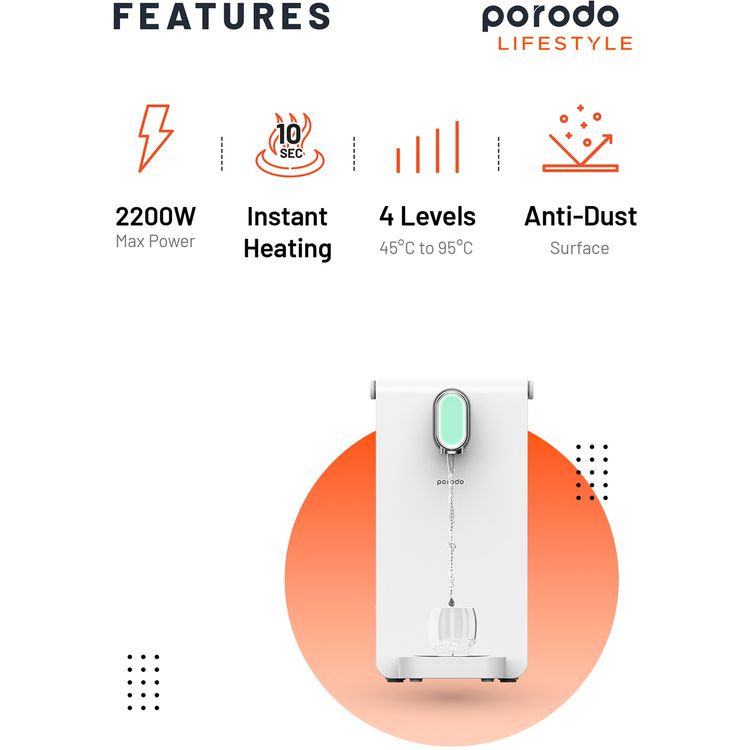 Porodo Lifestyle Instant Hot Water Dispenser with Automatic Ambient Lighting, 10-Second Instant Heating, 4 Levels Temperature Adjustment - White