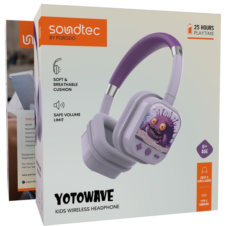 Porodo Soundtec Yotowave Kids Wireless Headphones with Comfortable & Breathable Cushion, 200mAh Battery, Up to 25 Hours Play Time, 40mm Speaker Size, Bluetooth Version 5.4, Recommended for Kids Aged 6+, Skin-Friendly Material, Safe Volume Limit - Purple