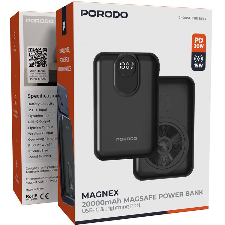 Porodo MAGNEX 20000mAh MagSafe Power Bank with PD 20W, Universal Compatibility, 15W Wireless Charging, Charging, USB-C & Lightning Input/Output - Black