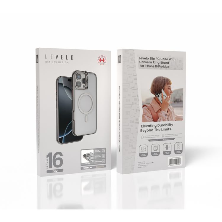 Levelo Elio PC Case with Camera Ring Stand for iPhone 16 Pro Max, Built-in Kickstand, MagSafe Compatible - Titanium