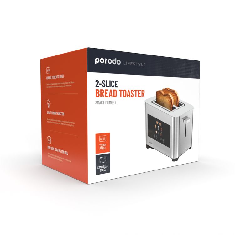 Porodo Lifestyle 2-Slice Bread Toaster with Touch Panel, 750-850W Rated Power, Stainless Steel 410 Material, 6 Browning Levels, 5 Functions, Removable Slide-Out Crumb Tray, Automatic Shut-Off - Silver