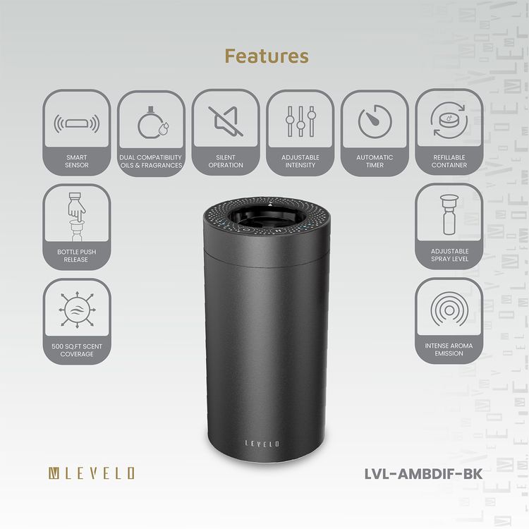 Levelo Ambiance Car Aroma Diffuser, 2000 mAh Battery Capacity, Aluminum + Plastic Material, 5 Hours Charging Time, 14 Hours Working Time, Type-C Charging Port - Black
