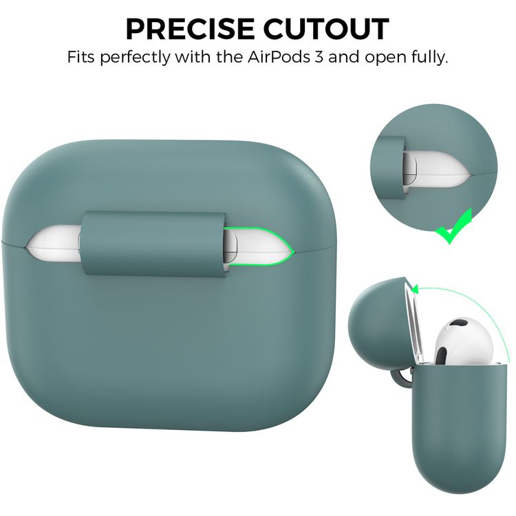 AhaStyle PT176-MG Full Cover Silicone Case for Airpods 3 Drop Shock Protection, Front LED Visible Cover with Carabiner Suitable with Wireless Chargers - Green