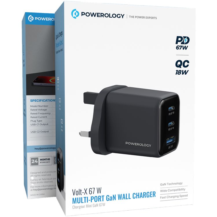 Powerology Volt-X 67W Multi-Port GaN Wall Charger with Advanced Safety Features, USB-A & Dual USB-C Ports, Compact Travel Size, Wide Compatibility, Fast Charging Speed, GaN Technology - Black