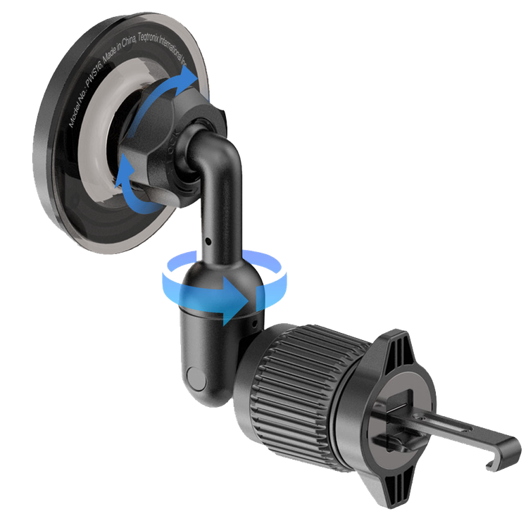 Powerology Logan 360° Rotation Head MagSafe Car Phone Holder with Strong Magnetic Hold, 4 Flexible Rotating Joints, Adjustable Viewing Angle, One-Handed Operation, Air Vent Clip, 18× N52 Powerful Magnets, Horizental & Vertical, 18N Magnetic Force, ABS+ PC+ Aluminum Material - Black