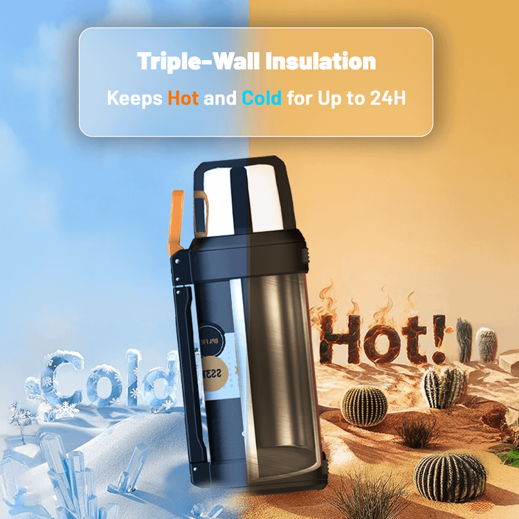 Porodo Lifestyle Outlander Insulation Flask with Triple-Wall Copper Insulated, Leak-Proof Lid, 2L Capacity, Keep Hot & Cold Up to 24 Hours, Food-Grade Stainless Steel - Black