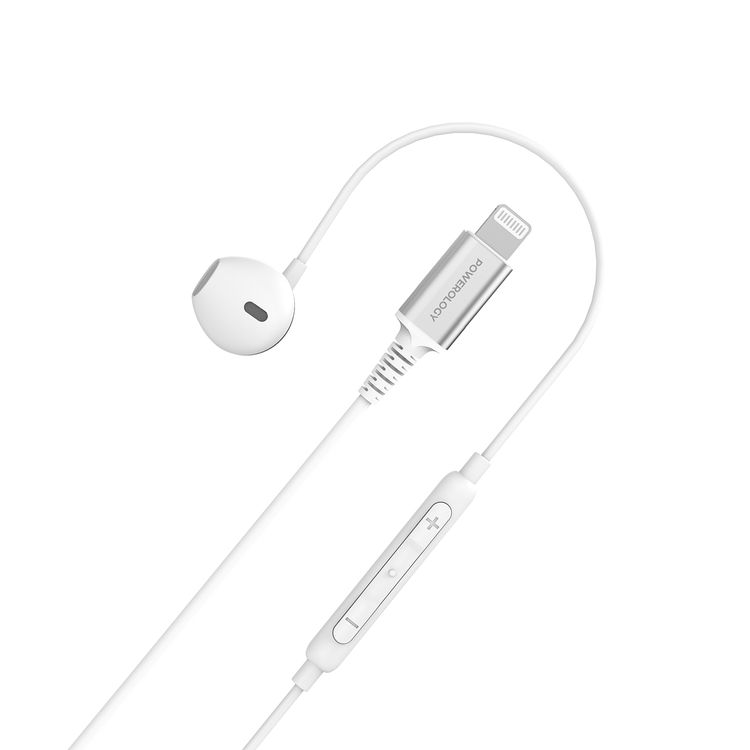 Powerology Lightning Mono Earphone with 5mW Max Power, 1.2m Cable Length, 32Ω Impedance, 14.2mm Driver Size, 110dB Sensitivity, Control Button, HD Sound Clarity - White