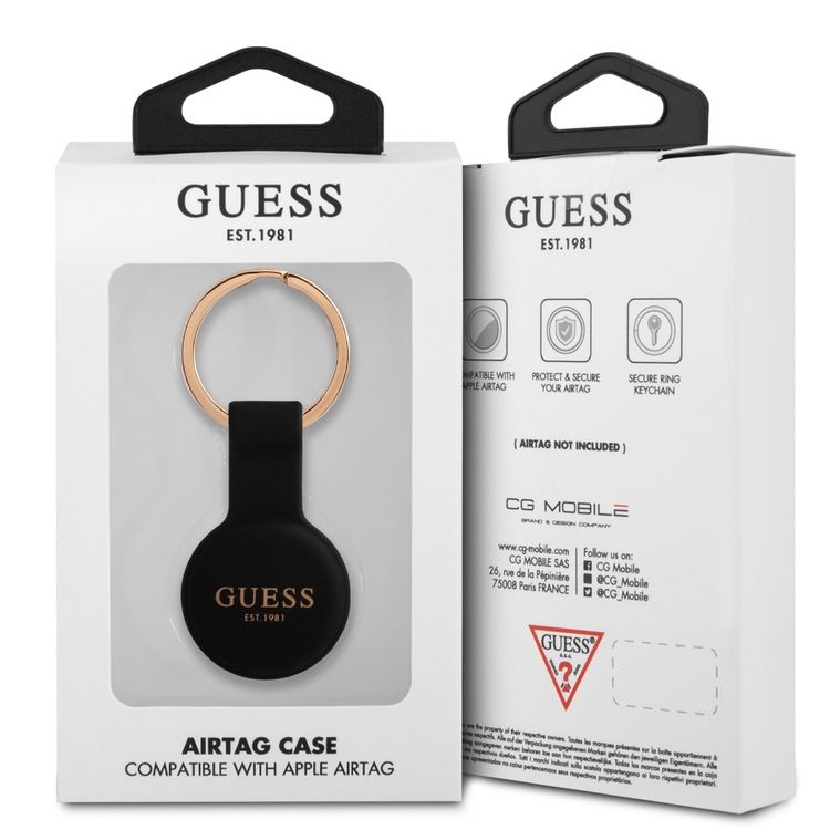 CG MOBILE Guess Silicone Classic Logo Case with Keychain for Airtag, Anti-Lost Holder with Key Ring, Easy to Attach Keys, Backpacks, Liner Bags Officially Licensed Black