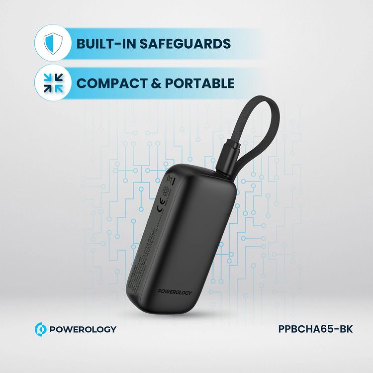 بنك طاقة Powerology بسعة 5000 مللي أمبير في الساعة مع سلك USB-C قابل للإزالة، وتقنية شحن متقدمة، وشحن لجهازين، وصغير الحجم وقابل للحمل، مع حماية مدمجة، وتوصيل طاقة بقوة 20 وات - أسود