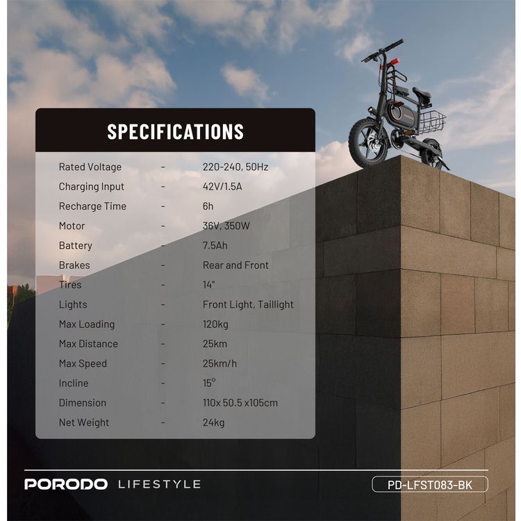 Porodo Lifestyle Folding Urban Electric Bike with 120kg Load Capacity, 14" Wheels, Pedal Assist System, 25km Max Distance, 15° Incline, Front and Rear Brakes - Black
