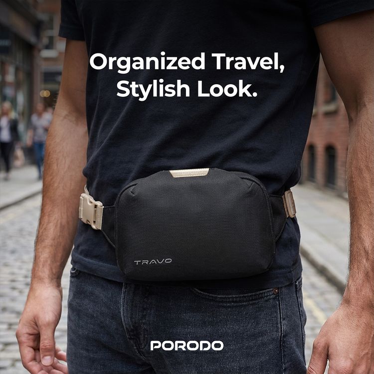 Porodo Lifestyle Travo Waist Bag with Spacious Storage Design, Durable Material, Safe & Secure, Easy Carry Handle, Zipper Closure Type - Black