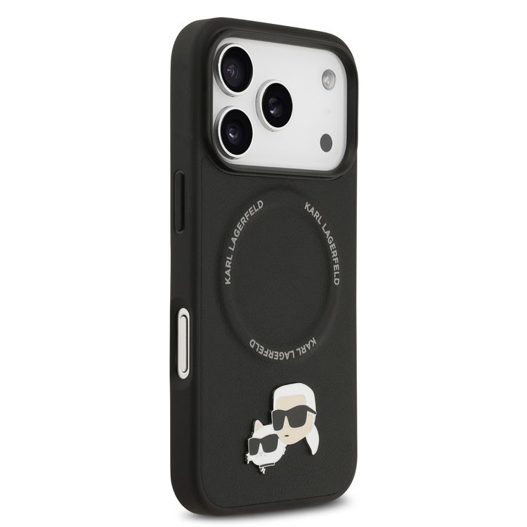 غلاف جلد PU من كارل لاغرفيلد مع دبابيس رأس كارل وشوبيتي لجهاز آيفون 17 برو، متوافق مع ماج سيف، نحيف، حماية من السقوط، قبضة مريحة، تغليف مستدام، سهولة التركيب، تصميم خفيف الوزن - أسود