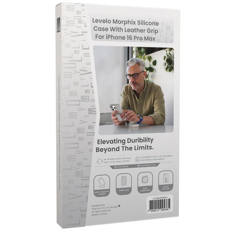 Levelo Morphix Silicone Case with Leather Grip for iPhone 16 Pro Max, Metal Camera Ring, Multi-Functional Kickstand, Impact-Resistant Corners, Super Durable Materials - Gray