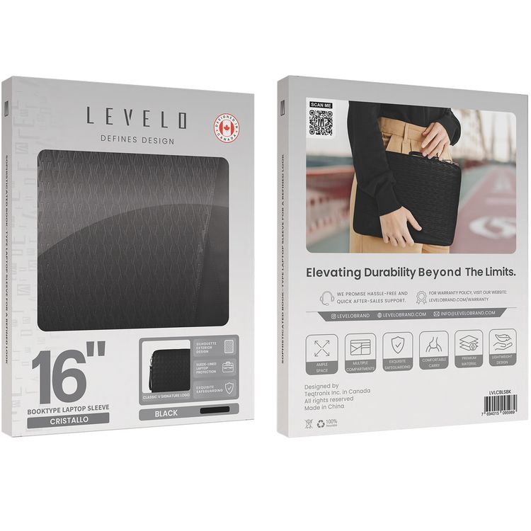 حقیبة كمبيوتر محمول من Levelo Cristallo Booktype، مريحة للحمل، مصنوعة من مادة ممتازة، تصميم خفيف الوزن - اسود