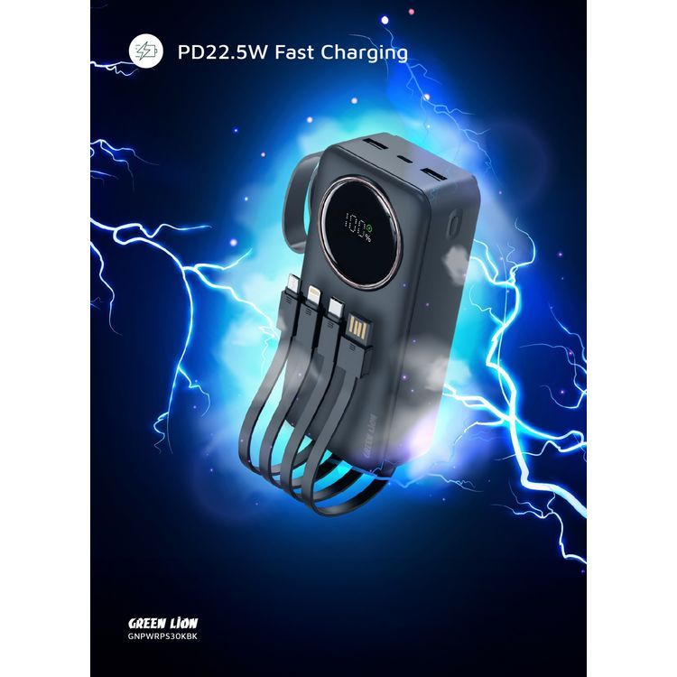 البطارية المحمولة جرين ليون باور بالس 30000 مللي أمبير، PD 22.5W، متنقلة، عرض رقمي، دعم الشحن السريع، كابلات مدمجة: ميكرو + لايتنينج + تايب-سي + USB-A - أسود