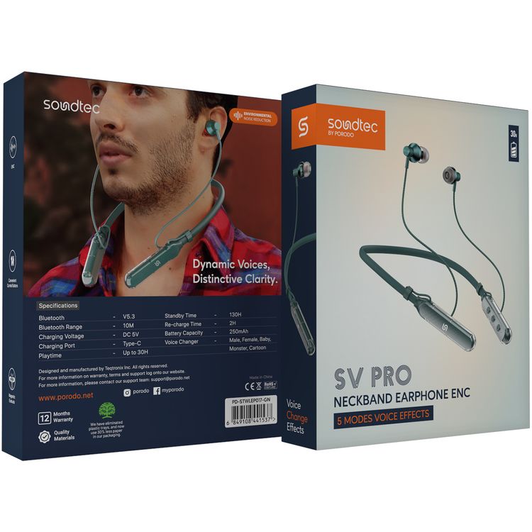 Porodo Soundtec SV Pro Neckband Earphones ENC with 5 Voice Effect Modes, Magnetic Earbuds, 250mAh Battery Capacity, Up to 30 Hours Playtime - Green