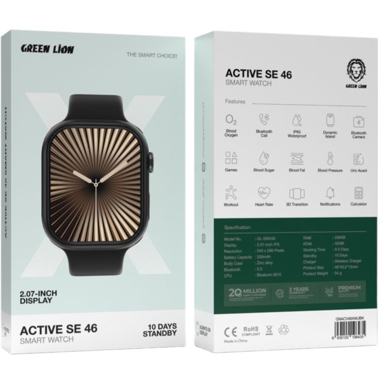 Green Lion Active SE 46 Smart Watch, 200mAh Battery Capacity, 10 Days Standby, Wireless Charger, Bluetooth Version 5.3 - Jet Black & Black Strap