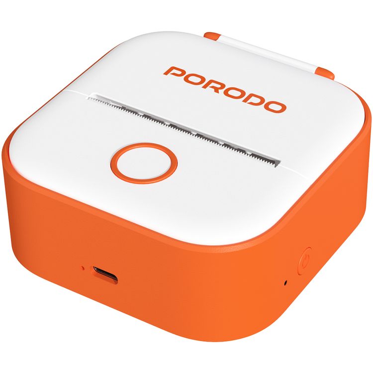 Porodo Lifestyle Pocket HD Thermal Printer with 1000mAh Battery Capacity, 1.5 Hours Working Time, 2.5 Hours Charging Time, Type-C Charging Port, Inkless Printing, 50 mm Label Width, High Definition - Orange / White