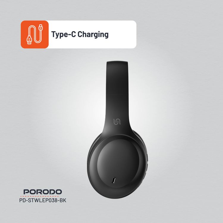  Porodo Soundtec Wireless Headphones with 400mAh Battery Capacity, 1.5 Hours Recharge Time, Up to 50 Hours Working Time, Type C Charging Port, Bluetooth V5.4 - Black