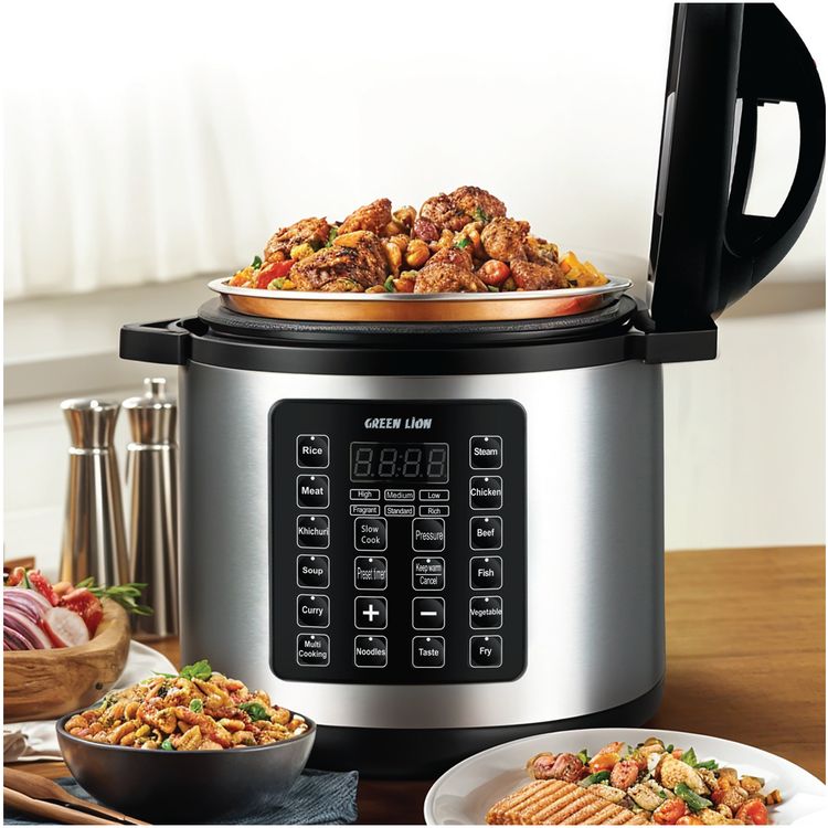 Green Lion Electric Pressure Cooker with 6L Capacity & 22cm Diameter, 14 Cooking Modes, 24-Hour Preset Function, One Button Control, Digital Display, Auto-Warm Function, Energy Efficient, Easy-to-Use, Stainless Steel Material - Black