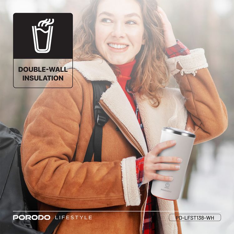 Porodo Lifestyle Auto-Stirring Insulated Mug with 400mL Capacity, Anti-Slip Base, 300mAh Battery Capacity, 120-Seconds Mixing Time with Auto-Stop - White
