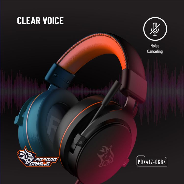 Porodo Gaming 7.1 Surround Gaming Headset with Soft Breathable Ear Pads, Noise Cancelling Microphone, 50mm Driver Size, Convenient Mic Design, 1.5m Cable Length, RGB Lights - Black