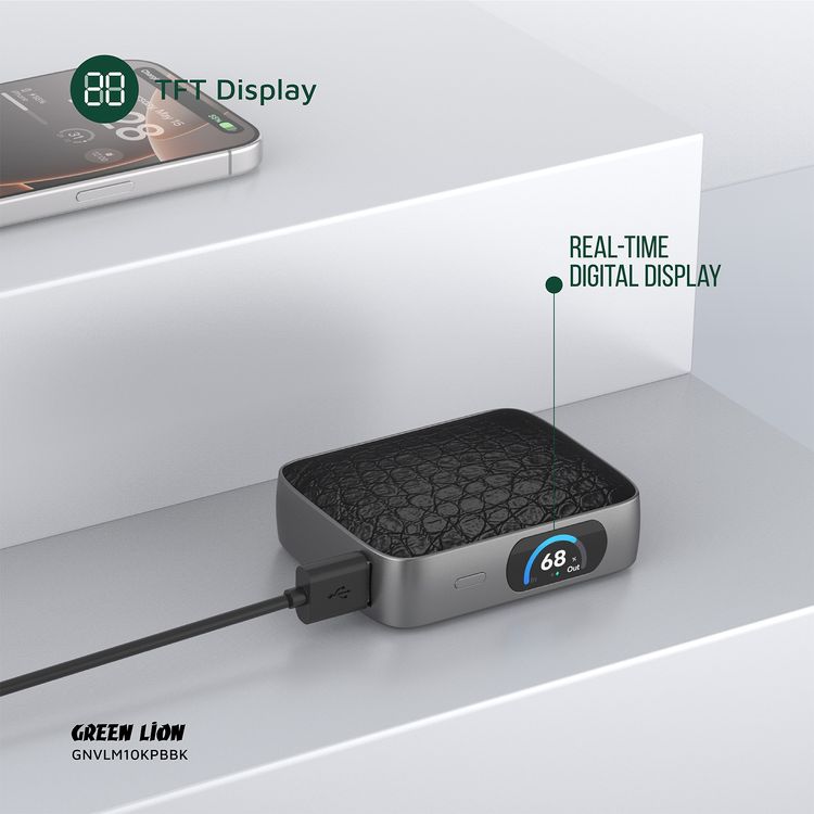 البنك الطاقة الأخضر لايون VALMONT بقوة 10000mAh مع جلد PU فاخر، شحن سريع بقدرة 45W PD، معتمد للرحلات الجوية، شاشة TFT، شحن QC18W - أسود