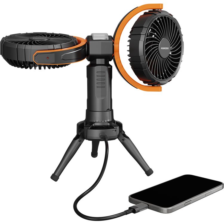 Porodo Lifestyle Dual-Head Oscillating Fan with LED Light, Power Bank, ABS & PP Material, 8000mAh Battery Capacity, Stable Tripod Base, Type-C Charging Port, 4 Levels Fan Speed, Hidden Hook - Black