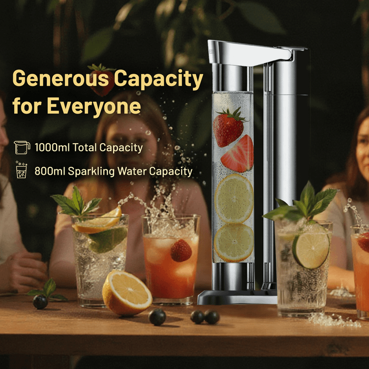 LePresso Fizznest Sparkling Water Machine with Slow-Fast Releasing System, 800mL Sparkling Water Capacity, Compatible with CO2 Capsule Chargers, Dual-Bottle, Stainless Steel 304 Material, Explosion-Proof Pet, BPA-Free Design - Silver