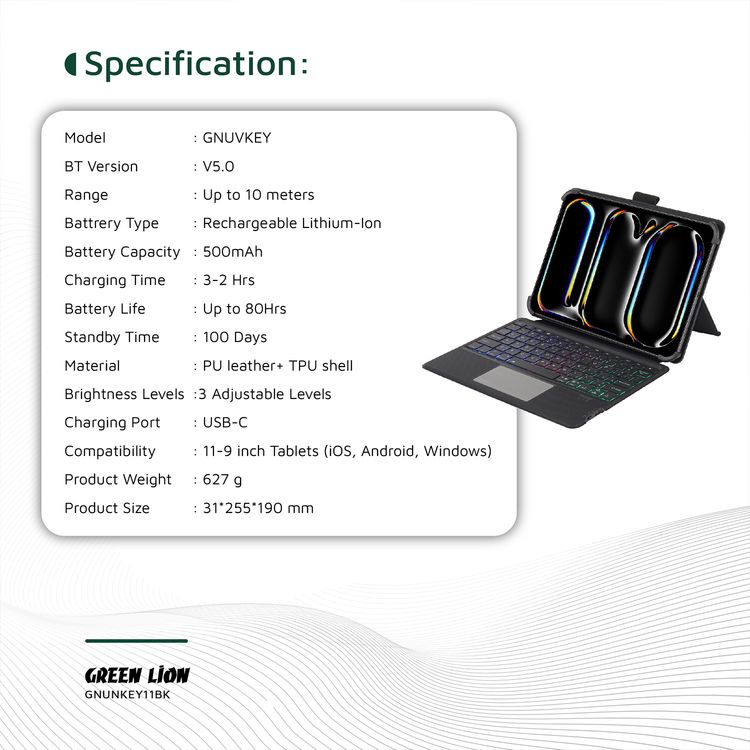 جراب لوحة مفاتيح ذكية عالمية من جرين ليون عربي وإنجليزي، عمر البطارية يصل إلى 80 ساعة، مدى يصل إلى 10 أمتار، باللون الأسود