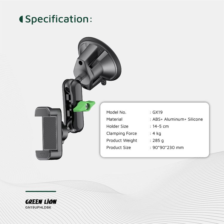 Green Lion GX-19 Universal Phone Holder, Adjustable holder size from 5 to 14 cm, Up to 4kg Clamping Force, Washable Suction Cup, Easy Installation, Sticky Gel Pad, 360° Rotation - Black