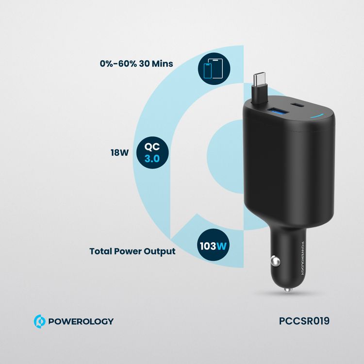 Powerology Retractable Car Charger with Simultaneous Charging, Built-In Safeguards, Patented Design, 1m Cable Length - Black 