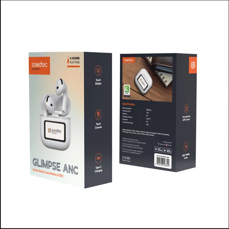 Porodo Soundtec Glimpse ANC Earbuds with Touch Display & Touch Control, 4 Hours of Play Time, Personalized App Control, High-Fidelity Audio, 300mAh Battery Capacity, 10m Transmission Range - White