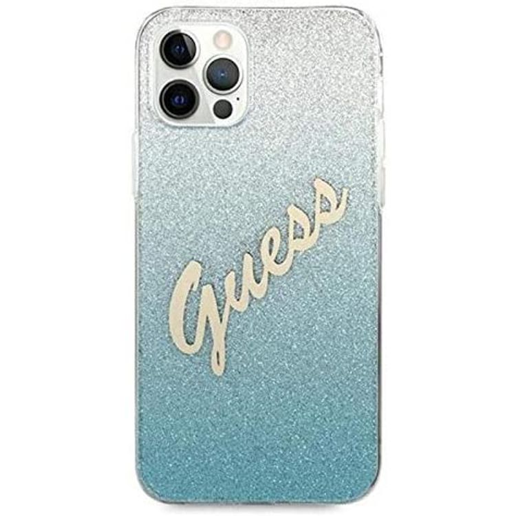 CG MOBILE Guess HC PC/TPU Script Glitter Back Shield Hard Phone Case Compatible for Apple iPhone 12 Pro Max (6.7") Shock-Absorption Mobile Case Officially Licensed - Gradient Blue