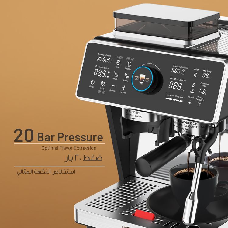 LePresso Viventé Semi-Automatic Dual Boiler Coffee Machine with Touch Display, Conical Burr Grinder, 20bar ULKA Pump, 3000W Rated Power, Dual Pump, 30 Adjustable Grinding Settings, 58mm Portafilter - Silver