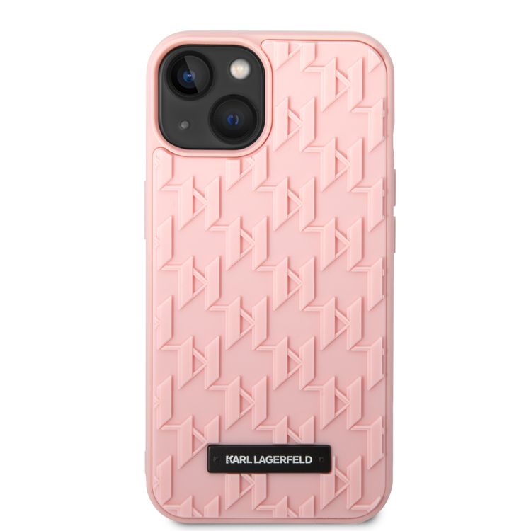 Karl Lagerfeld Case with 3D Rubber Monogram Pattern & Metal Plate Logo iPhone 14 Plus Compatibility - Pink