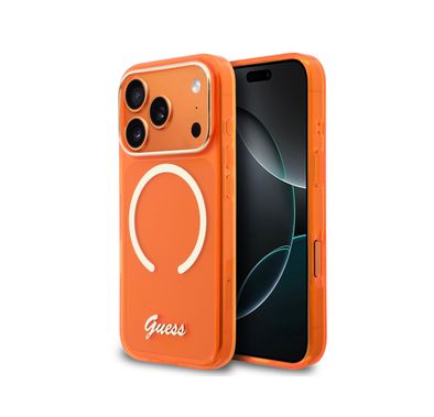 غطاء Guess MagSafe IML بتصميم نقاط وطباعة لهاتف iPhone 17 Pro Max، بروفايل نحيف، سهل التركيب، خفيف الوزن، حماية من الصدمات، مقبض مريح - برتقالي