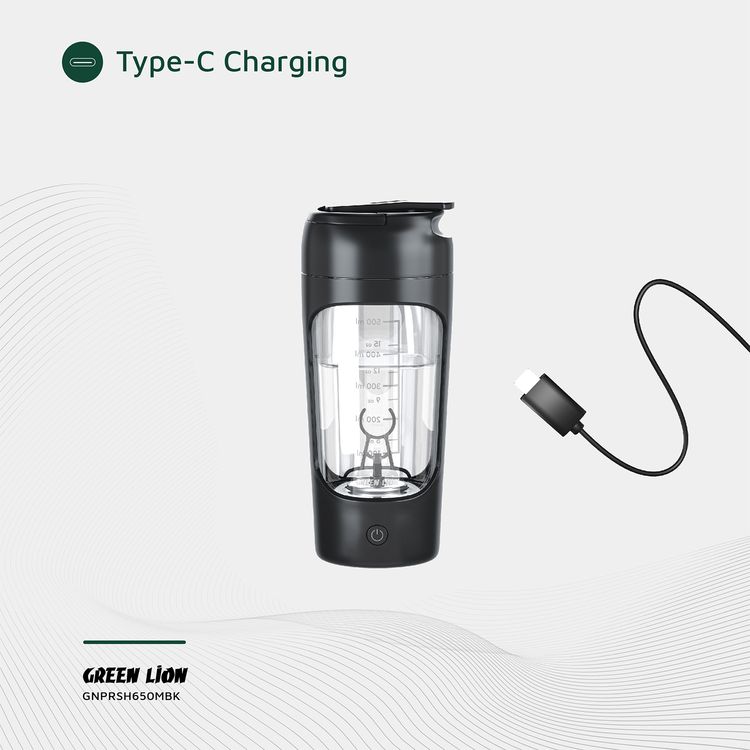 Green Lion Protein Mixer with 650mL Capacity, 1200mAh Battery Capacity, Tritan + ABS + PP Material, Type-C Charging Port,  2.5 Hours Charging Time, 30 Minutes Working Time - Black